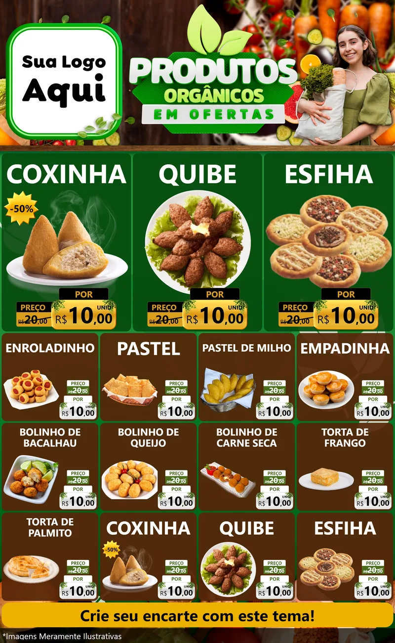 Modelo de Encarte para Encarte Grande com o tema Produtos Orgânicos em Ofertas para Salgadaria