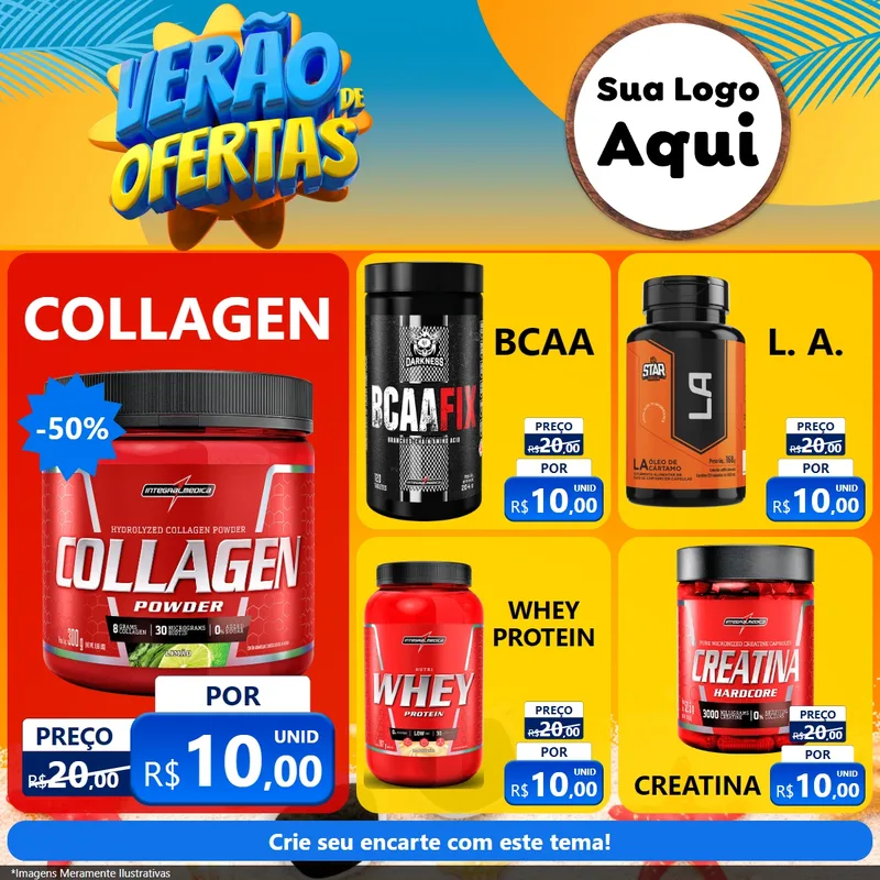 Modelo de Rede Social para Feed Facebook com o tema Verão de Ofertas para Suplementos alimentares