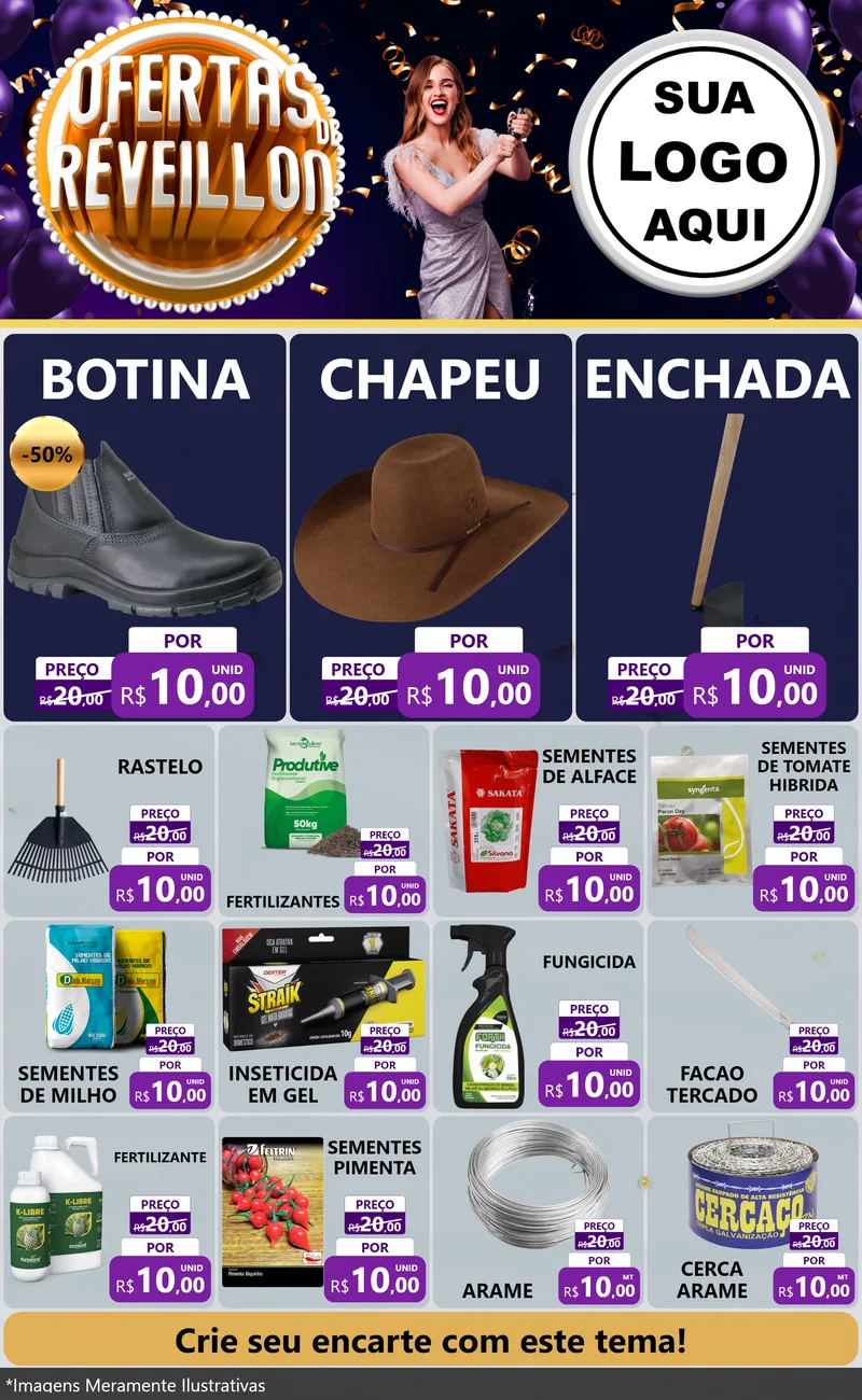 Modelo de Encarte para Encarte Grande com o tema Ofertas de Réveillon para Agropecuária