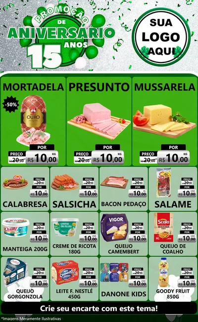 Modelo de Encarte para Encarte Grande com o tema Promoção de Aniversário - 15 Anos para Frios e Laticínios