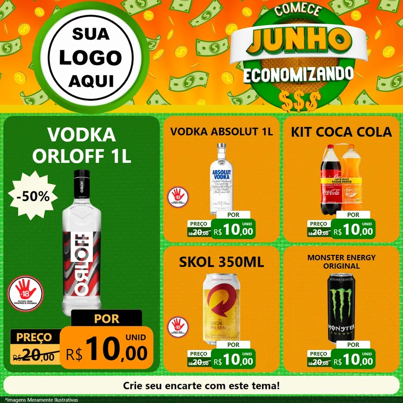 Modelo de Rede Social para Feed Facebook com o tema Comece Junho Economizando para Distribuidora de bebidas