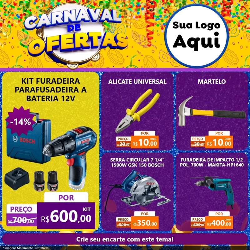 Modelo de Rede Social para Feed Facebook com o tema Carnaval de Ofertas para Maquinas e Ferramentas