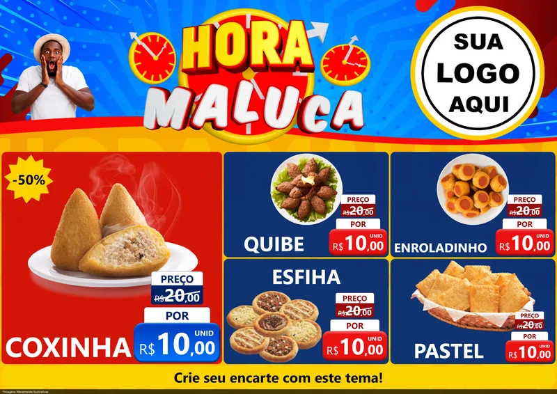 Modelo de Encarte para Encarte A4 Horizontal com o tema Hora Maluca para Salgadaria