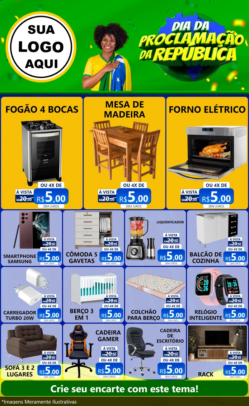 Modelo de Encarte para Encarte Grande com o tema Dia Da Proclamação Da República para Móveis e Eletro