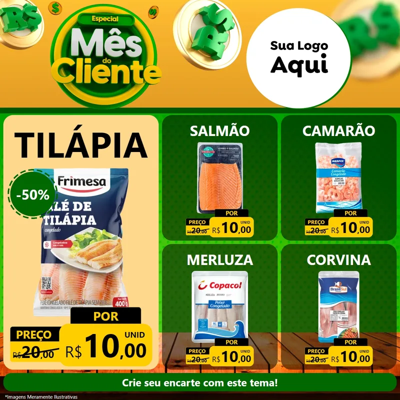 Modelo de Rede Social para Feed Facebook com o tema Especial Mês do Cliente para Peixaria