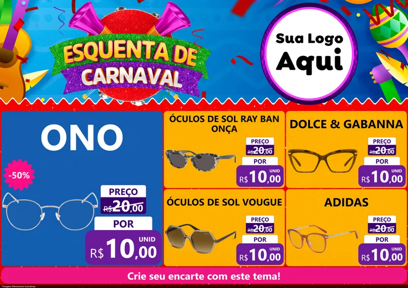 Modelo de Encarte para Encarte A4 Horizontal com o tema Esquenta de Carnaval para Óticas