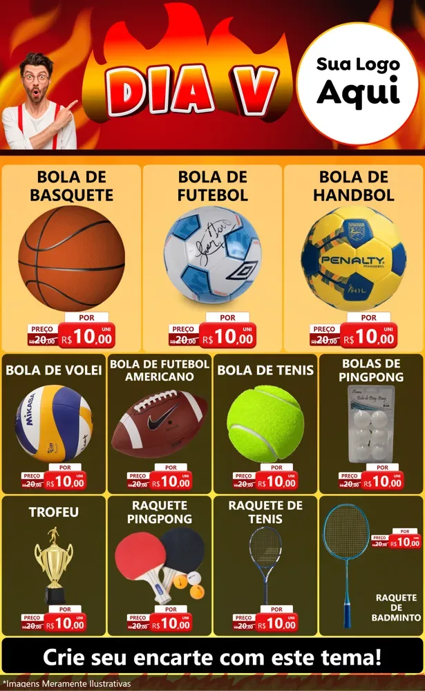 Modelo de Encarte para Encarte Grande com o tema Dia V para Artigos Esportivos