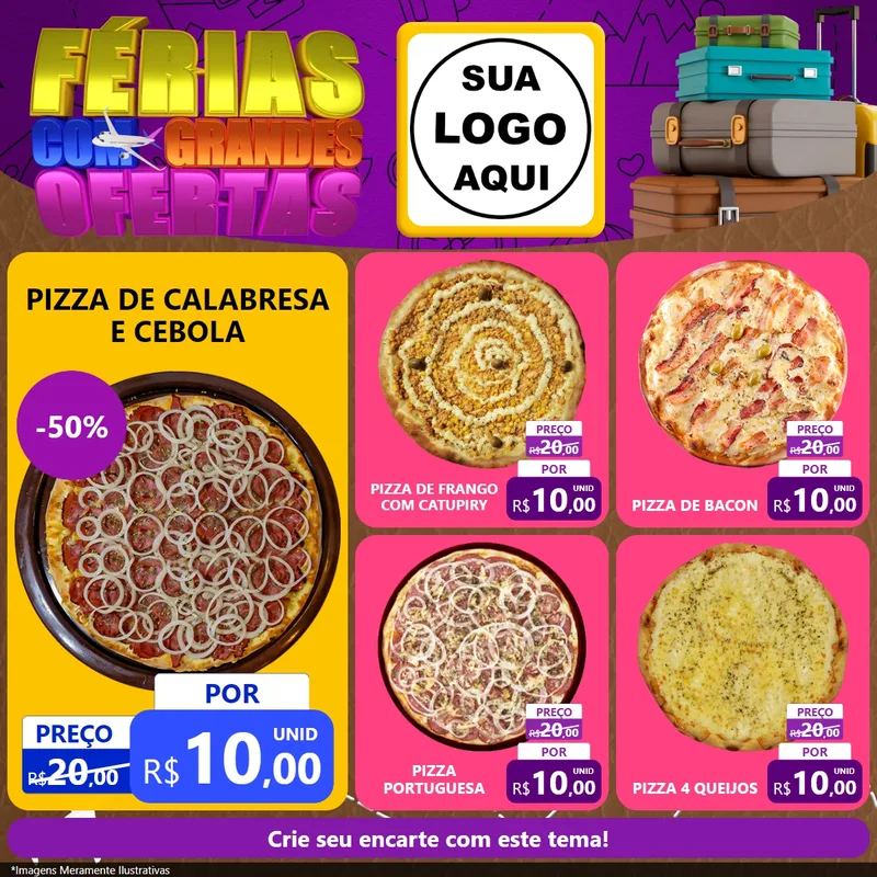 Modelo de Rede Social para Feed Facebook com o tema Férias com Grandes Ofertas para Pizzaria