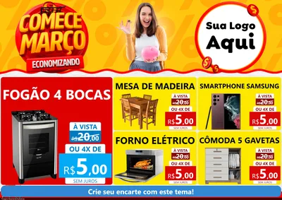 Modelo de Encarte para Encarte A4 Horizontal com o tema Comece Março Economizando para Móveis e Eletro