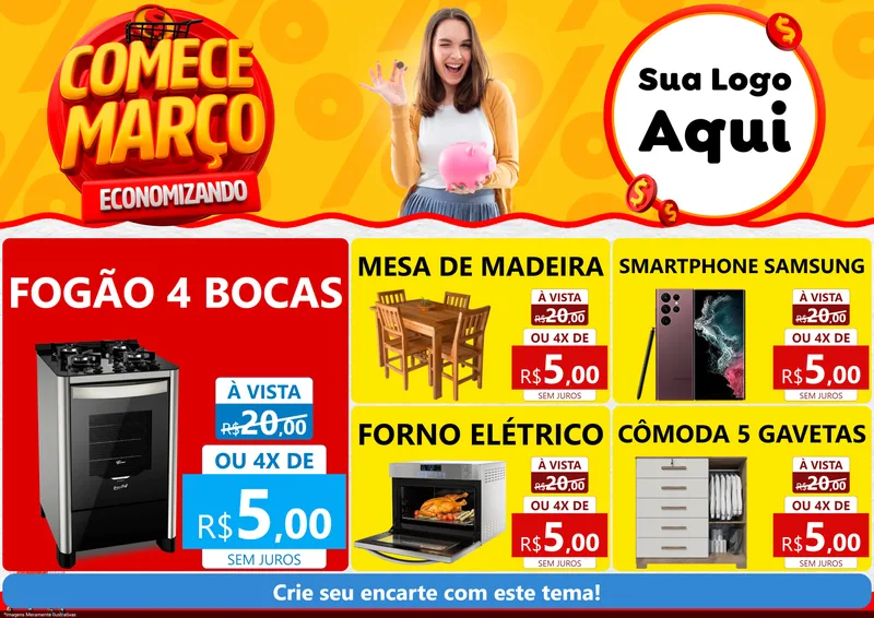 Modelo de Encarte para Encarte A4 Horizontal com o tema Comece Março Economizando para Móveis e Eletro