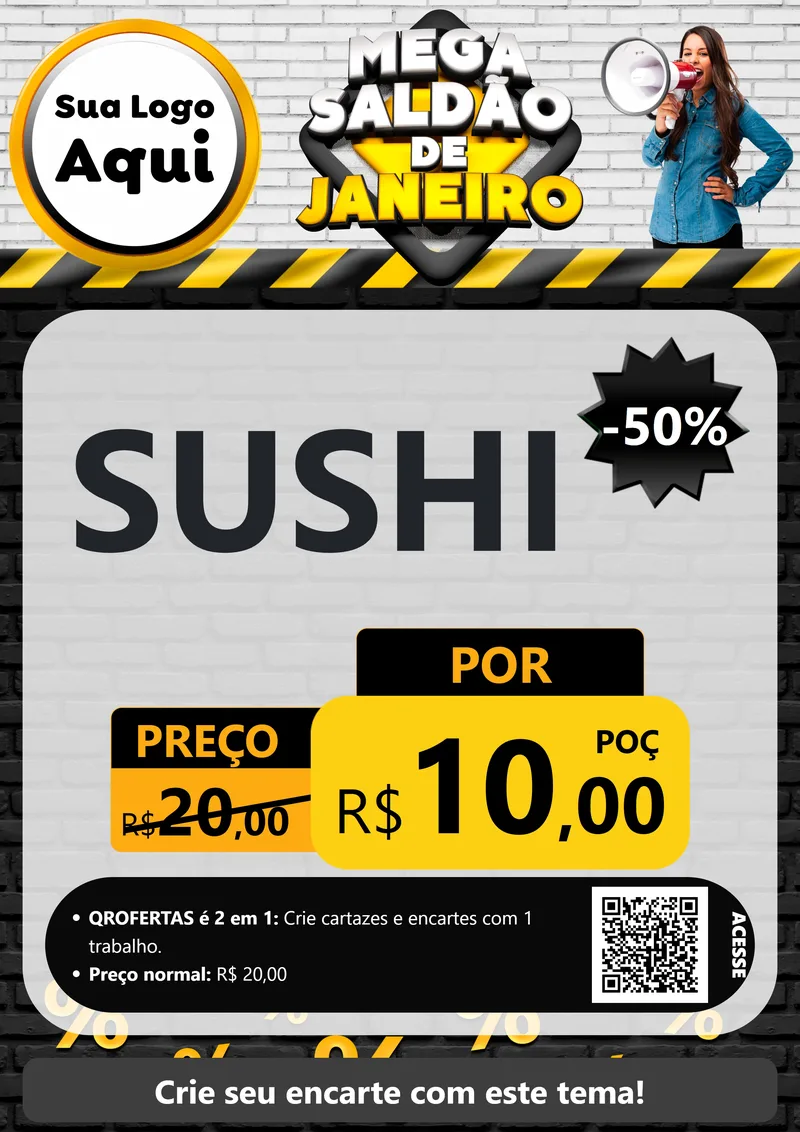 Modelo de Cartaz para Cartaz A4 Vertical com o tema Mega Saldão de Janeiro para Comida japonesa