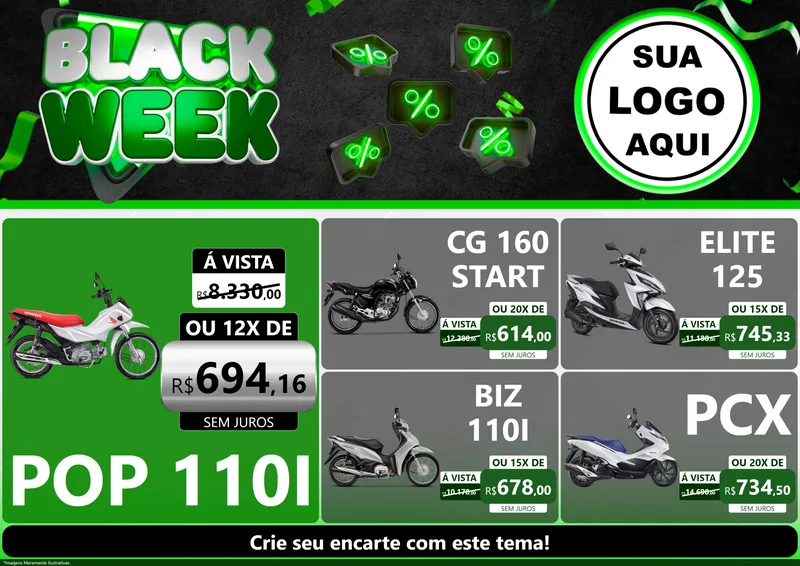 Modelo de Encarte para Encarte A4 Horizontal com o tema Black Week para Concessionaria de Motos