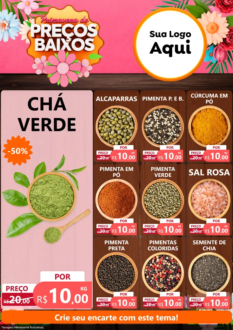 Modelo de Encarte para Encarte A4 Vertical com o tema Primavera de Preços Baixos para Produtos Naturais
