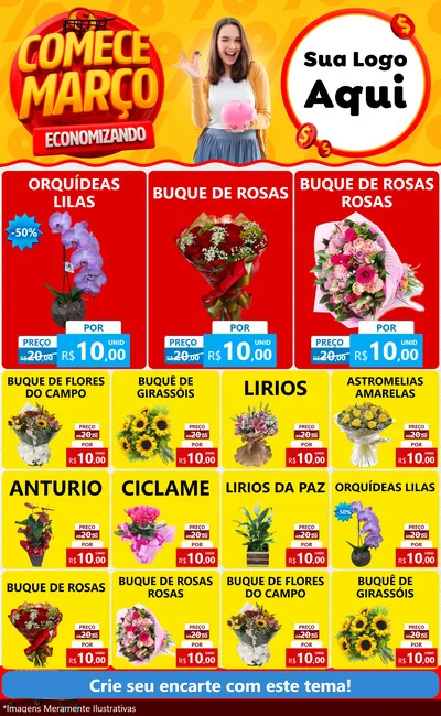 Modelo de Encarte para Encarte Grande com o tema Comece Março Economizando para Floricultura e jardim