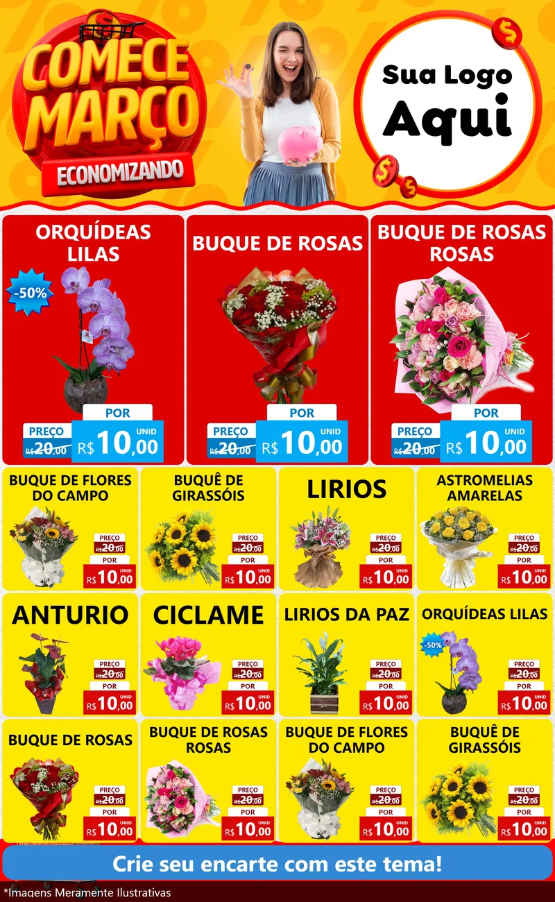 Modelo de Encarte para Encarte Grande com o tema Comece Março Economizando para Floricultura e jardim