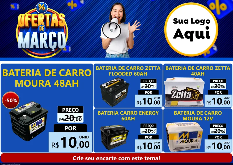 Modelo de Encarte para Encarte A4 Horizontal com o tema Ofertas de Março para Baterias Elétricas