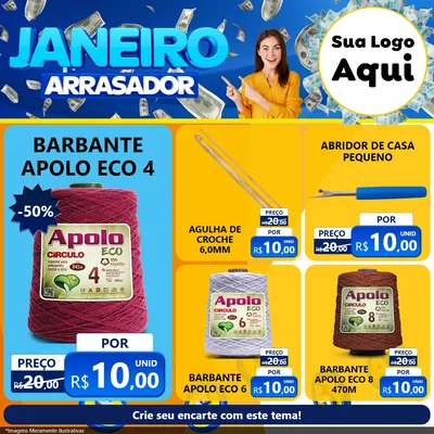 Modelo de Rede Social para Feed Facebook com o tema Janeiro Arrasador para Armarinho e Aviamentos