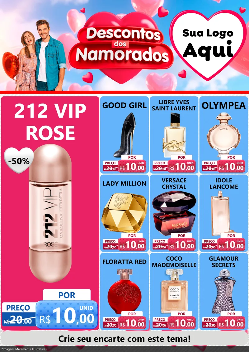 Modelo de Encarte para Encarte A4 Vertical com o tema Descontos dos Namorados para Perfumes