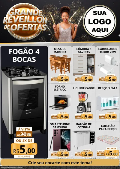 Modelo de Encarte para Encarte A4 Vertical com o tema Grande Réveillon de Ofertas para Móveis e Eletro