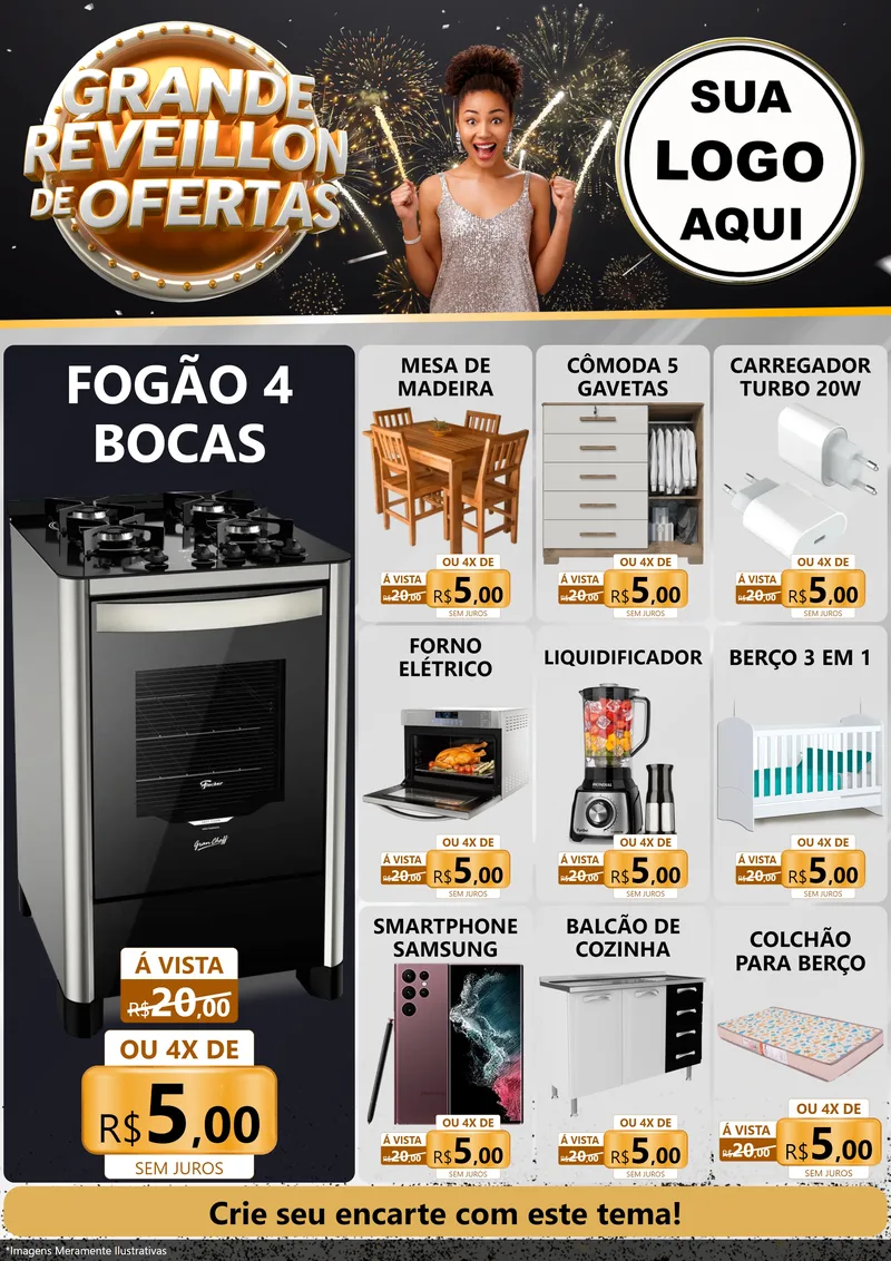 Modelo de Encarte para Encarte A4 Vertical com o tema Grande Réveillon de Ofertas para Móveis e Eletro