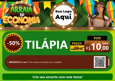 Modelo de Cartaz para Cartaz A4 Horizontal com o tema Arraiá de Economia para Peixaria