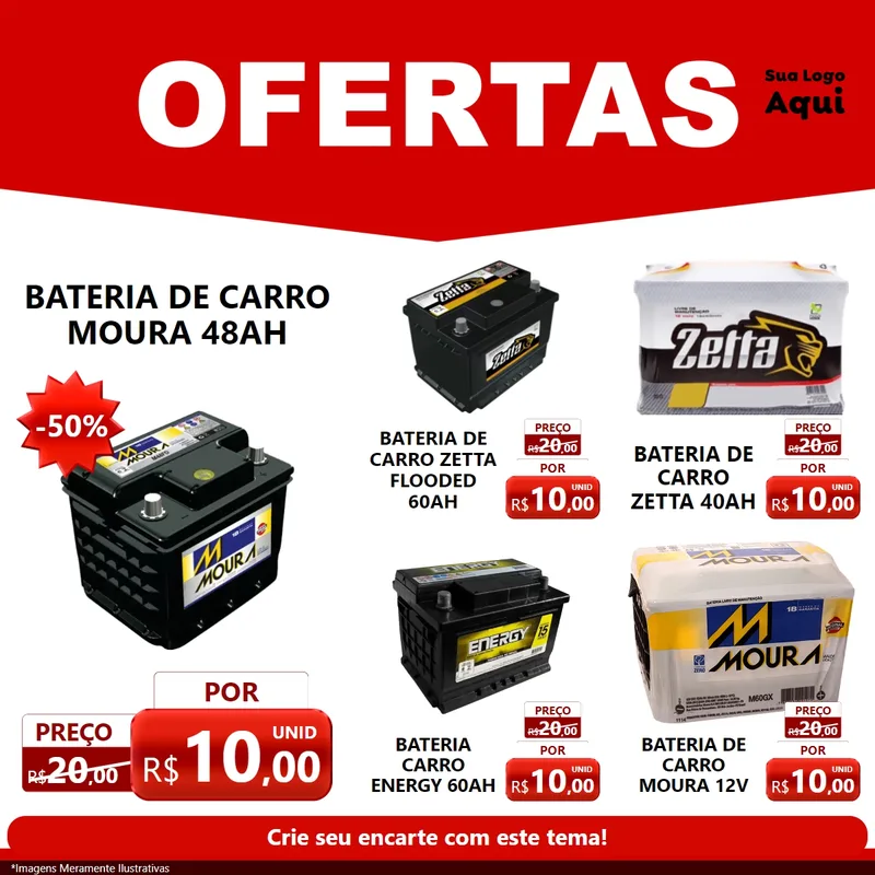 Modelo de Rede Social para Feed Facebook com o tema Ofertas Vermelho Cartaz para Baterias Elétricas