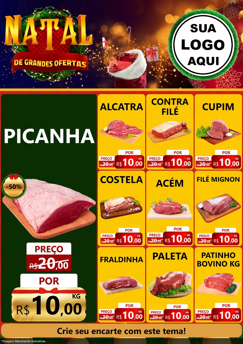 Modelo de Encarte para Encarte A4 Vertical com o tema Natal de Grandes Ofertas para Açougue