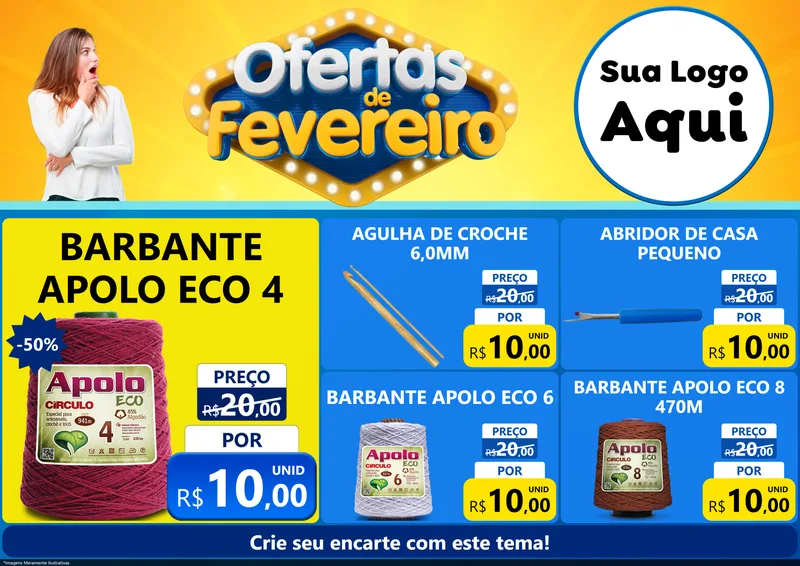 Modelo de Encarte para Encarte A4 Horizontal com o tema Ofertas de Fevereiro para Armarinho e Aviamentos