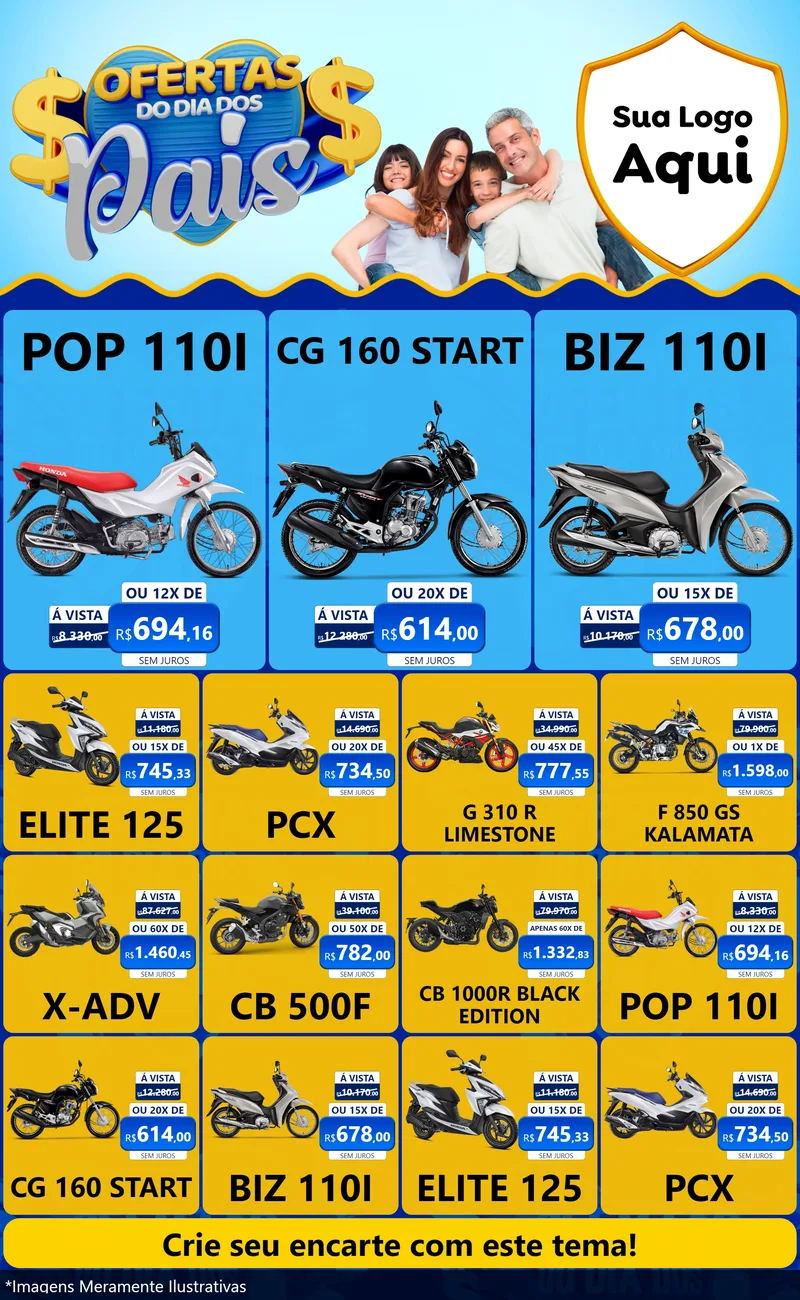 Modelo de Encarte para Encarte Grande com o tema Ofertas do Dia dos Pais para Concessionaria de Motos