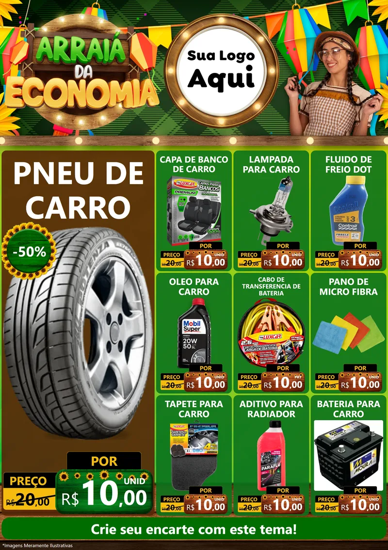 Modelo de Encarte para Encarte A4 Vertical com o tema Arraiá de Economia para Auto peças