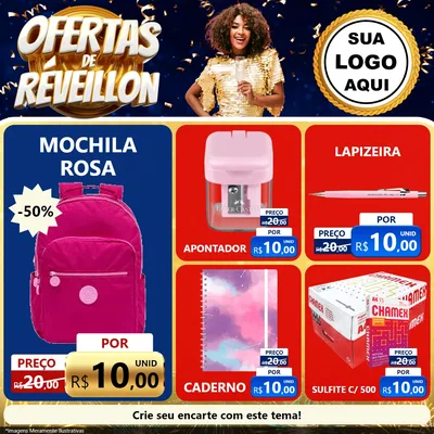 Modelo de Rede Social para Feed Facebook com o tema Ofertas de Réveillon para Papelaria