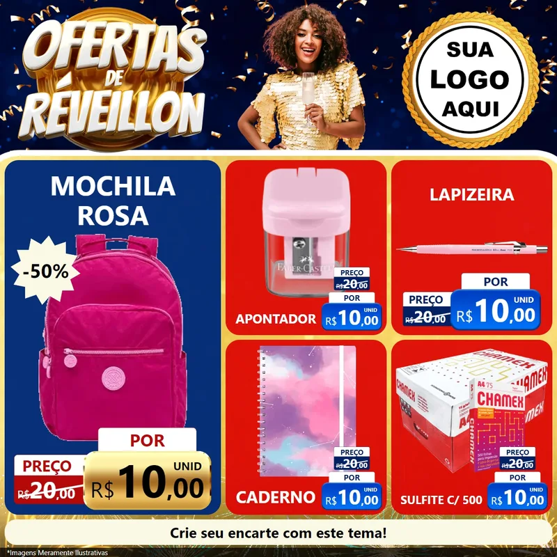 Modelo de Rede Social para Feed Facebook com o tema Ofertas de Réveillon para Papelaria