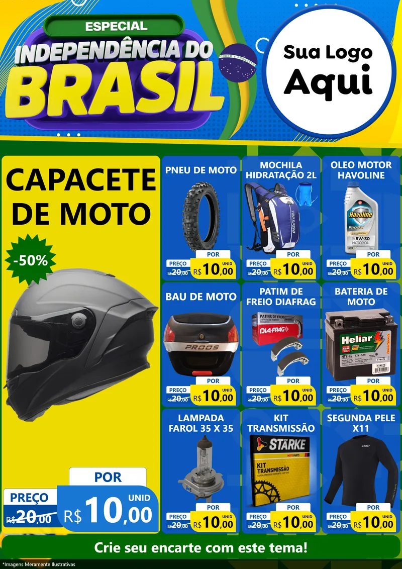 Modelo de Encarte para Encarte A4 Vertical com o tema Especial Independência do Brasil para Moto peças