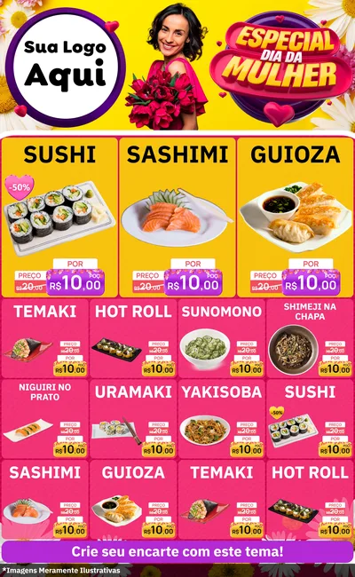 Modelo de Encarte para Encarte Grande com o tema Especial Dia da Mulher para Comida japonesa