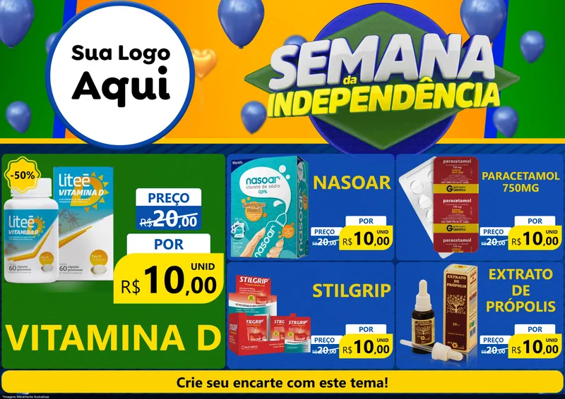 Modelo de Encarte para Encarte A4 Horizontal com o tema Semana da Independência para Farmácia