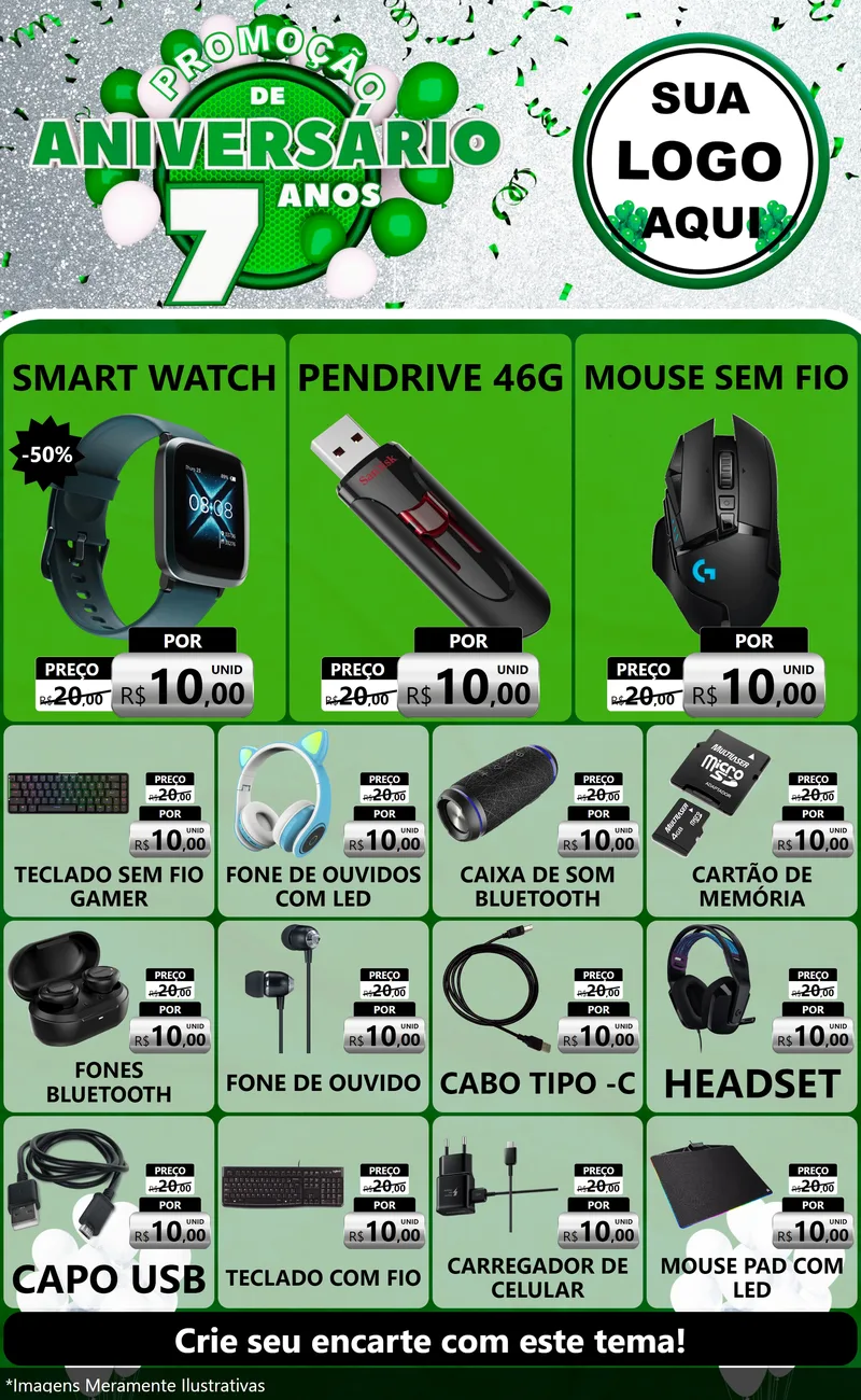 Modelo de Encarte para Encarte Grande com o tema Promoção de Aniversário - 7 Anos para Informática