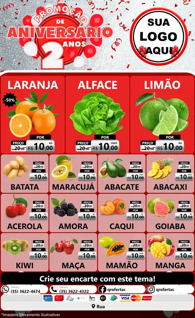 Modelo de Encarte para Encarte Grande com o tema Promoção de Aniversário - 2 Anos para Hortifrúti