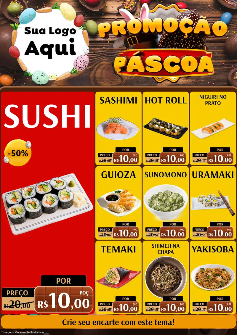 Modelo de Encarte para Encarte A4 Vertical com o tema Promoção Páscoa para Comida japonesa