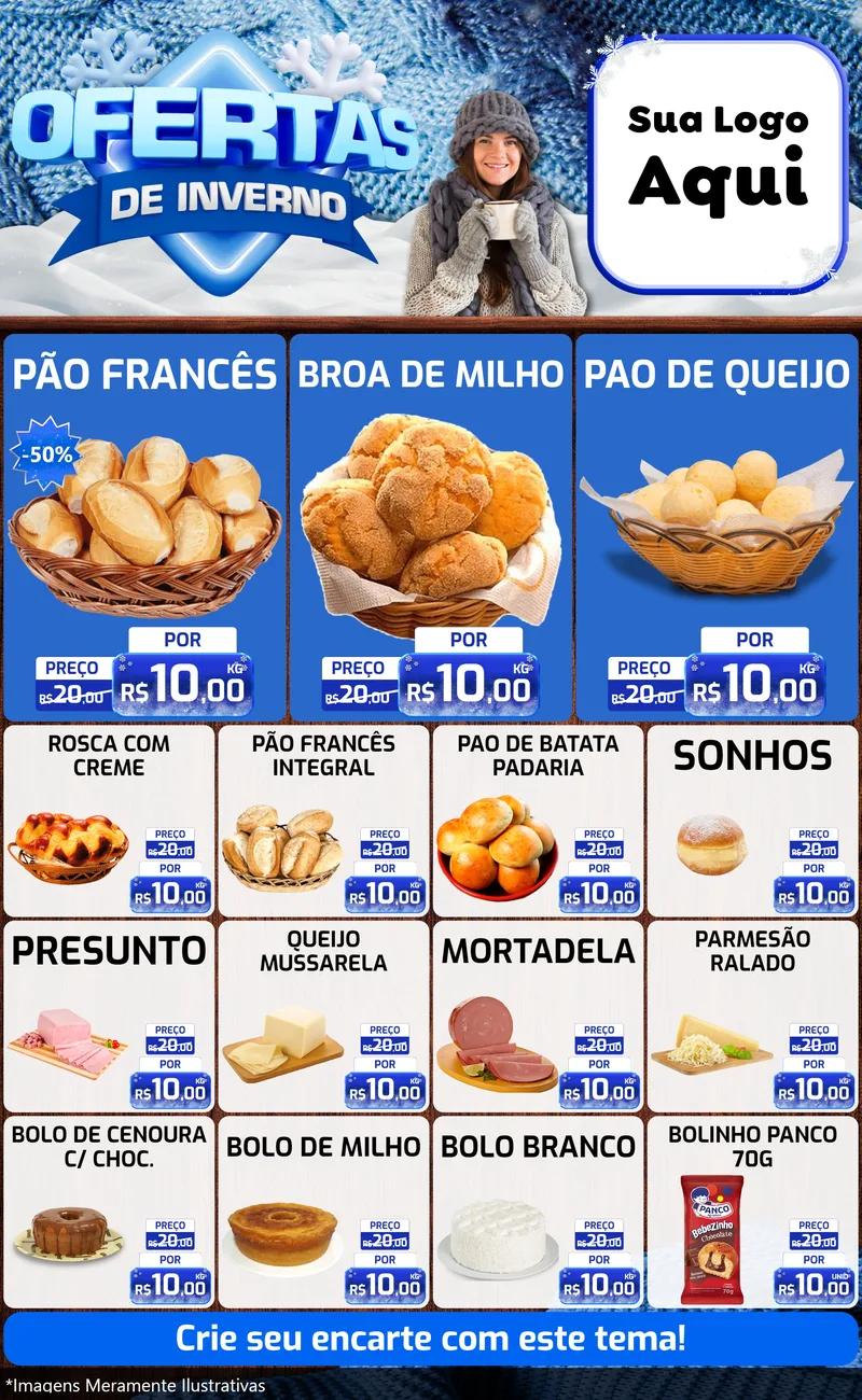 Modelo de Encarte para Encarte Grande com o tema Ofertas de Inverno para Padaria