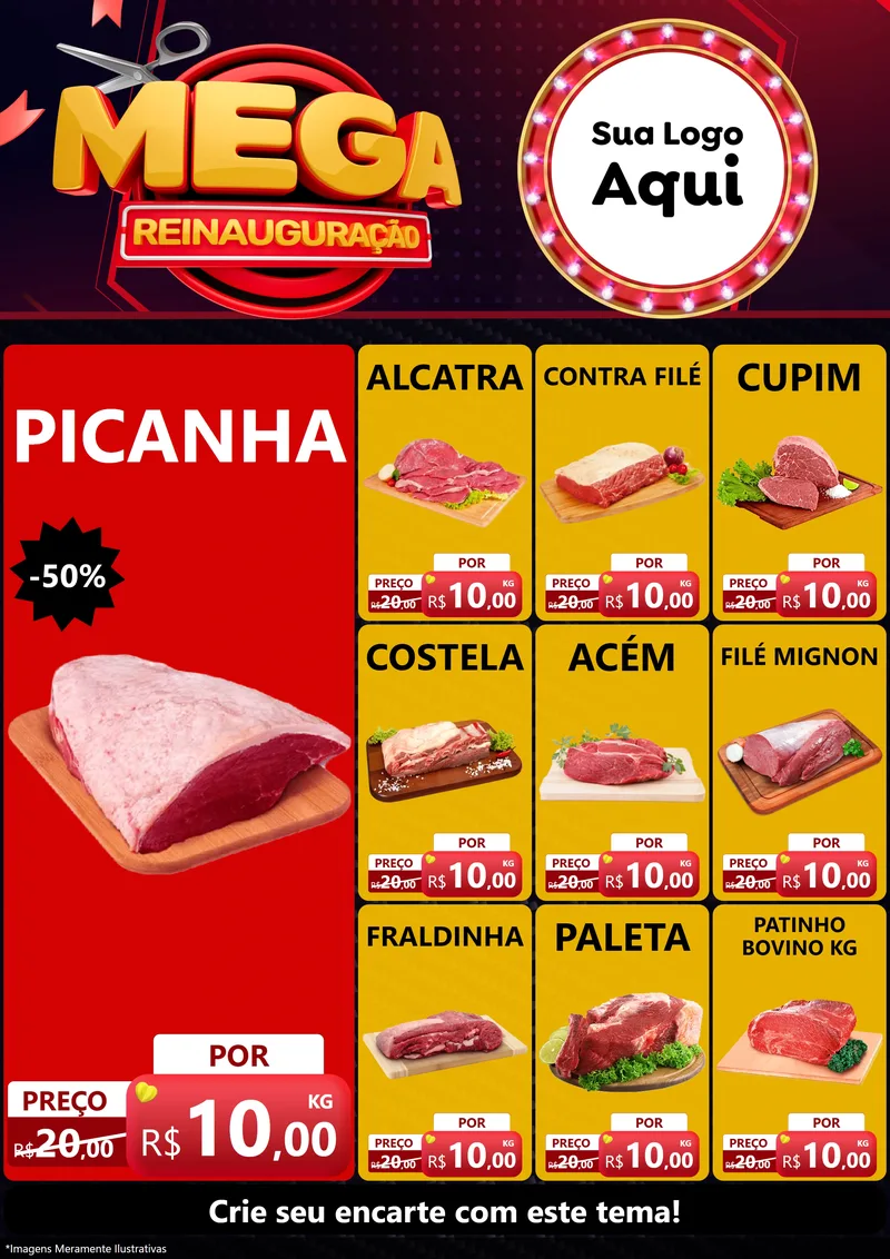 Modelo de Encarte para Encarte A4 Vertical com o tema Mega Reinauguração para Açougue