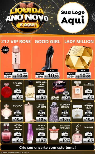 Modelo de Encarte para Encarte Grande com o tema Liquida Ano Novo É Aqui! para Perfumes