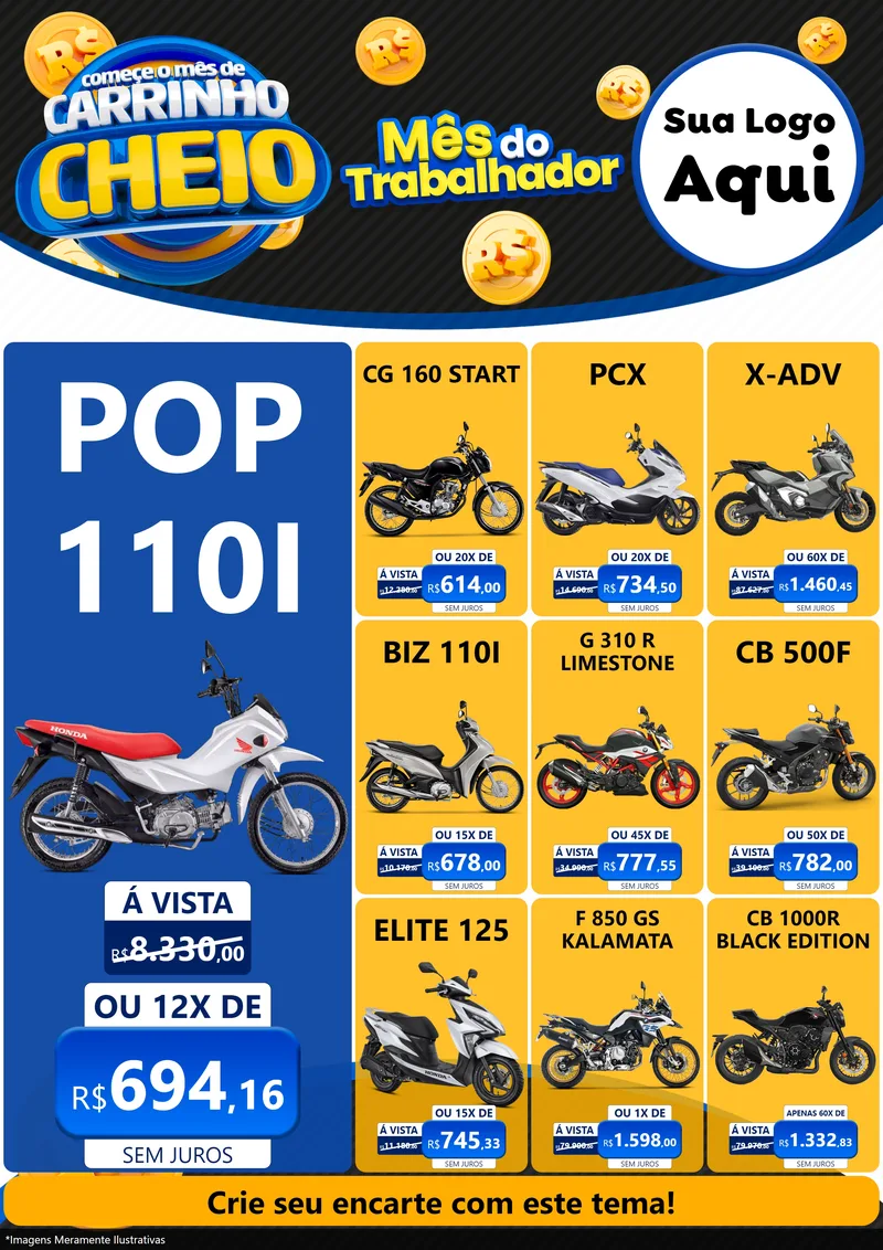 Modelo de Encarte para Encarte A4 Vertical com o tema Comece o Mês de Carrinho Cheio para Concessionaria de Motos