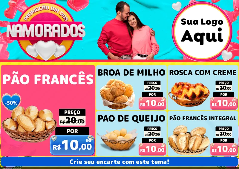 Modelo de Encarte para Encarte A4 Horizontal com o tema Promoção Dia dos Namorados para Padaria