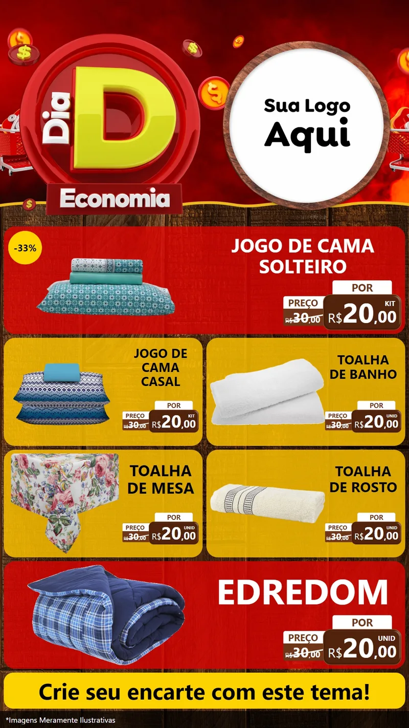 Modelo de TV para TV Vertical com o tema Dia D Economia para Cama, Mesa e Banho