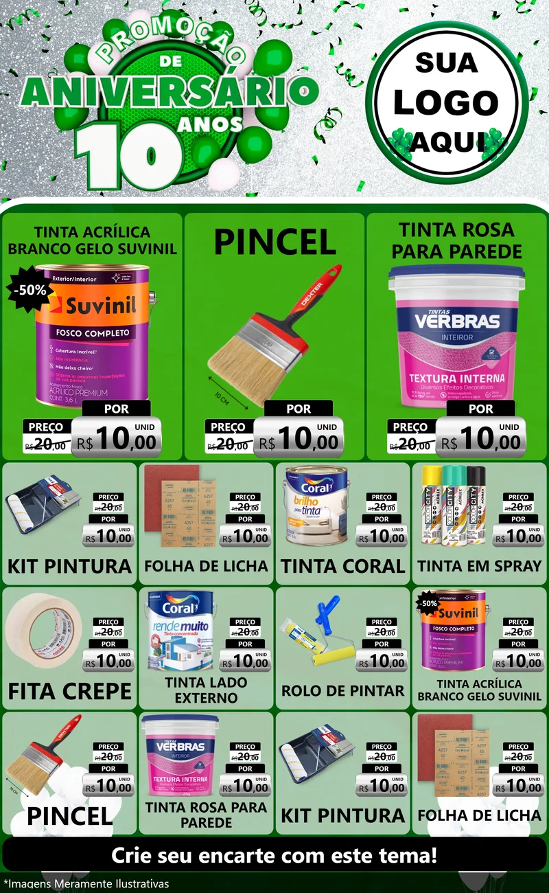 Modelo de Encarte para Encarte Grande com o tema Promoção de Aniversário - 10 Anos para Tintas e Ferramentas