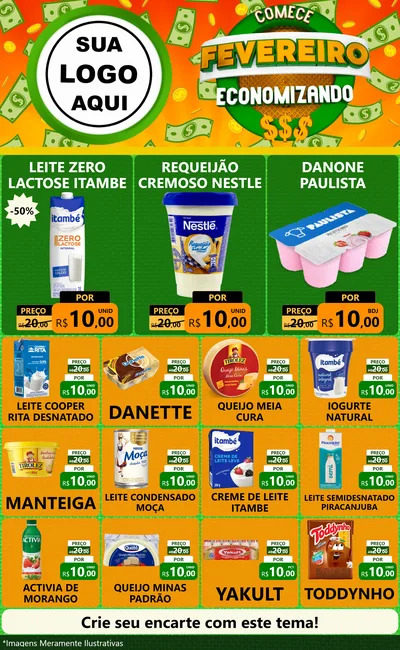 Modelo de Encarte para Encarte Grande com o tema Comece Fevereiro Economizando para Frios e Laticínios