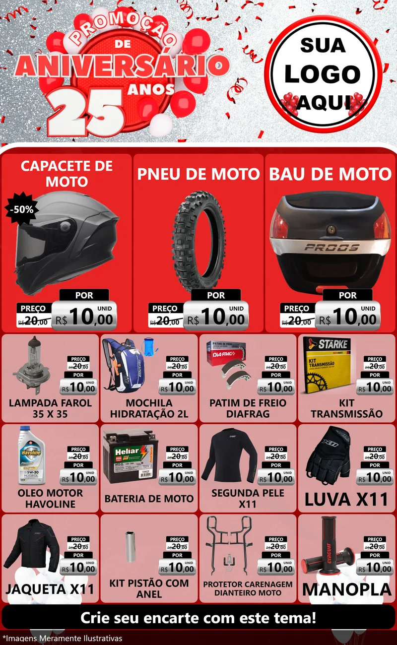 Modelo de Encarte para Encarte Grande com o tema Promoção de Aniversário - 25Anos para Moto peças
