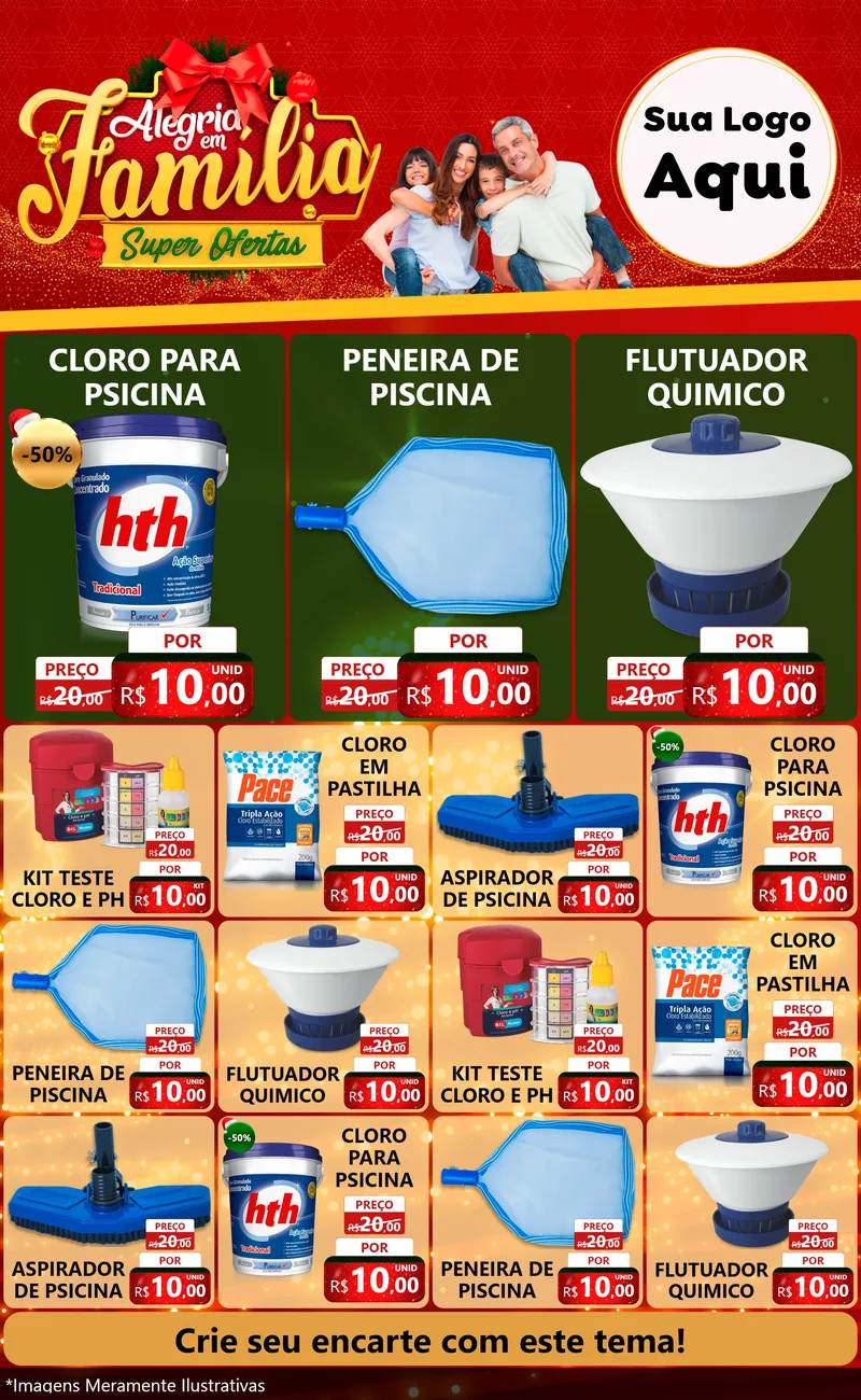 Modelo de Encarte para Encarte Grande com o tema Alegria em Família Super Ofertas - Natal para Produtos para Piscina