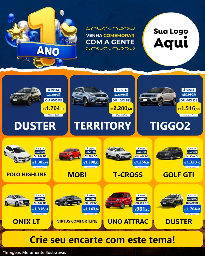 Modelo de Rede Social para Feed Instagram com o tema Um Ano de Aniversário para Concessionaria de Carros