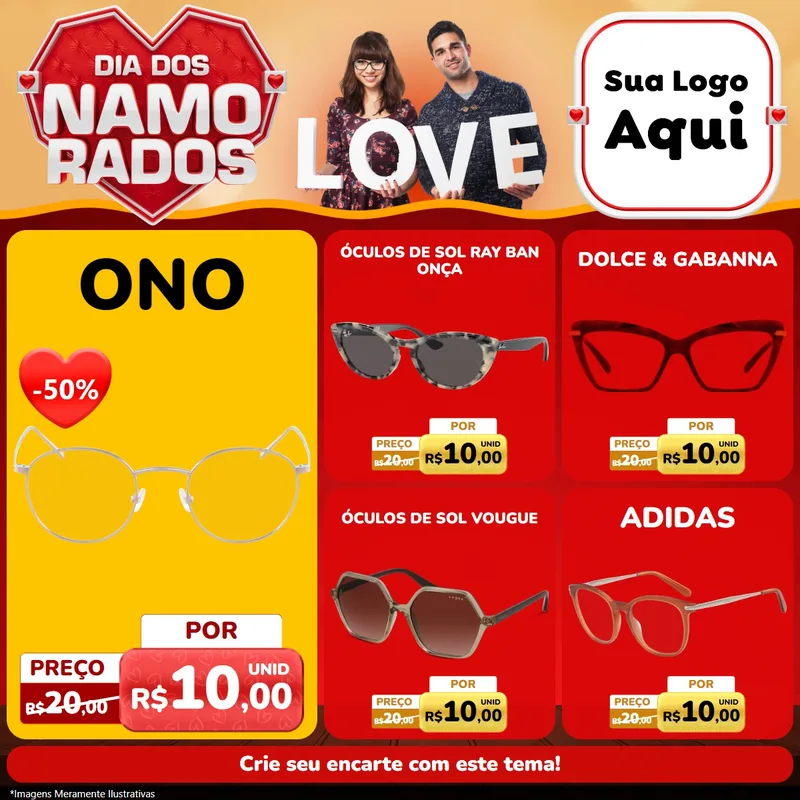Modelo de Rede Social para Feed Facebook com o tema Dia dos Namorados para Óticas